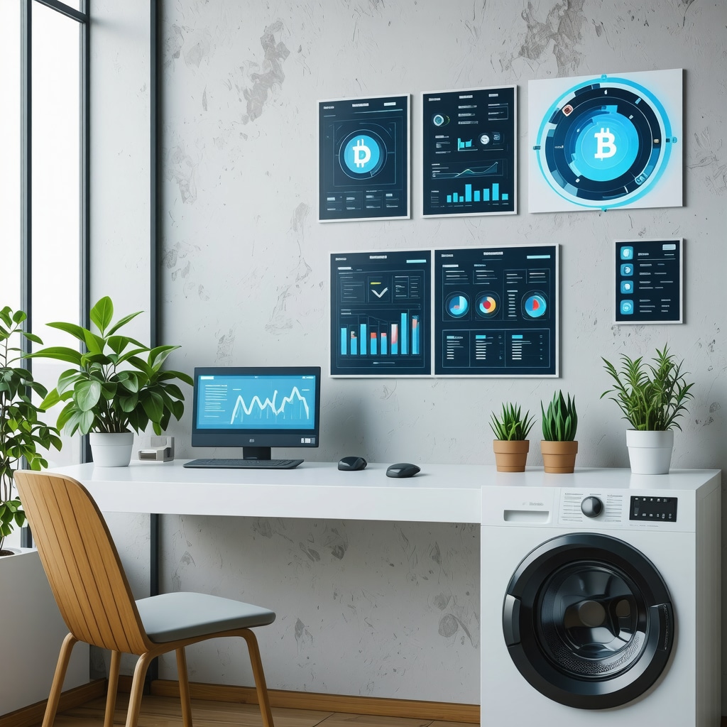 Futuristic remote work environment showing AI and IoT-based laundry pickup scheduling with blockchain security features