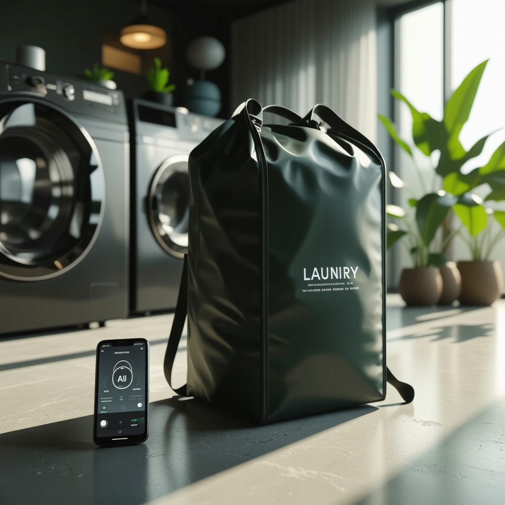 Illustration of a smart laundry bag equipped with sensors connected to a smartphone app, symbolizing advanced technology in laundry pickup services