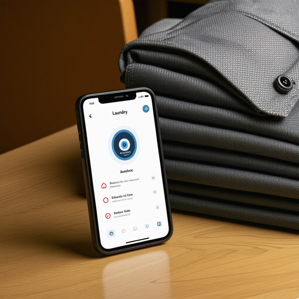 Smartphone showing laundry delivery app with eco-friendly and AI fabric care options, alongside folded professional clothes on table