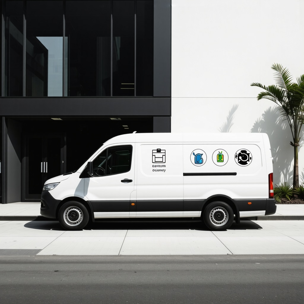 IoT-enabled smart laundry delivery van outside office building in Westchase, illustrating fabric care and sustainability