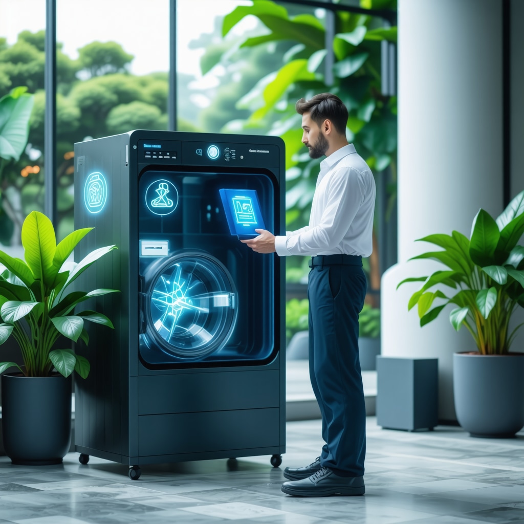 Professional using smart app for eco-friendly laundry delivery with AI icons