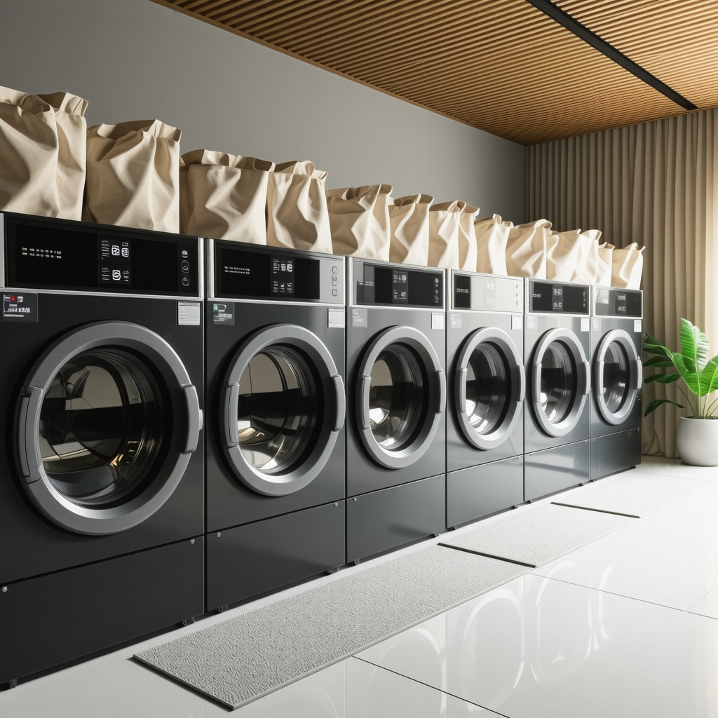 High-tech laundry facility with IoT sensors and blockchain digital tracking in vacation rental linen management