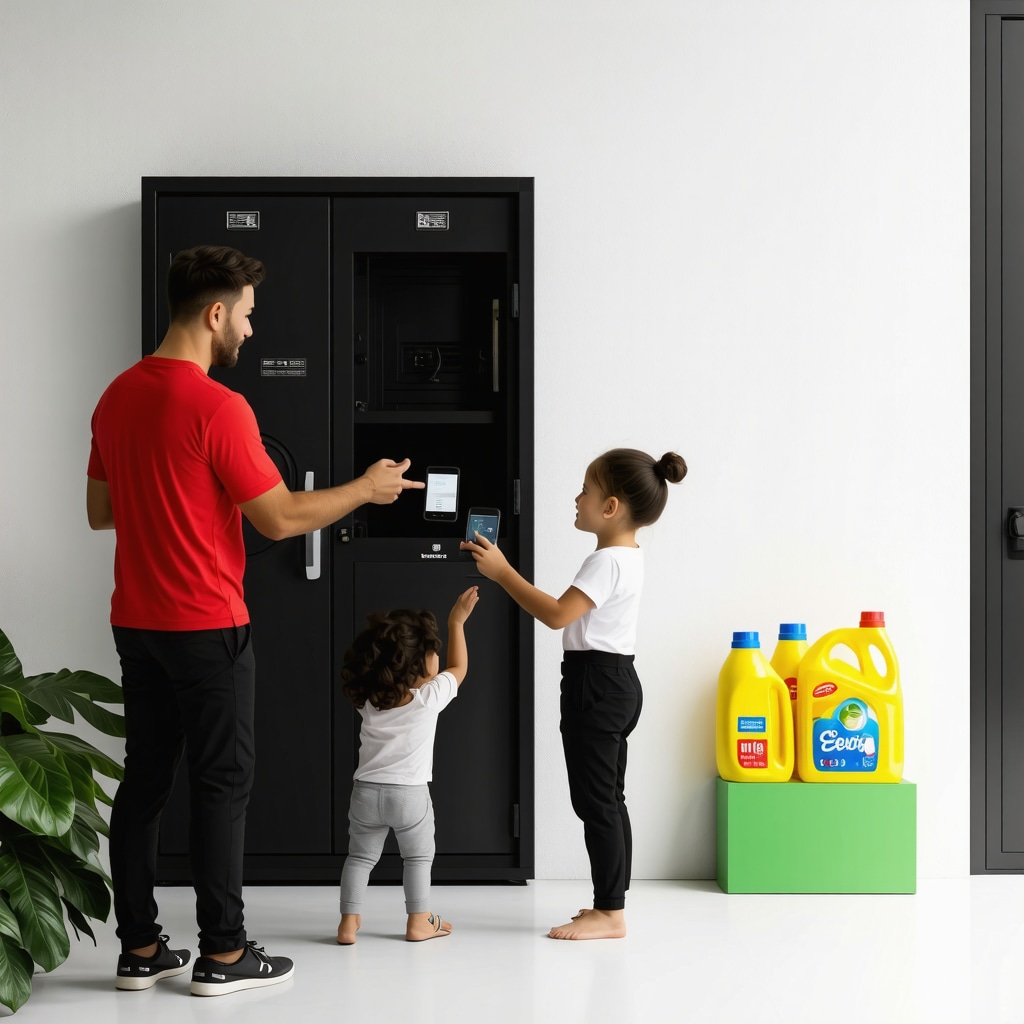 Family using mobile app for smart laundry locker and eco-friendly detergents in Palm Harbor