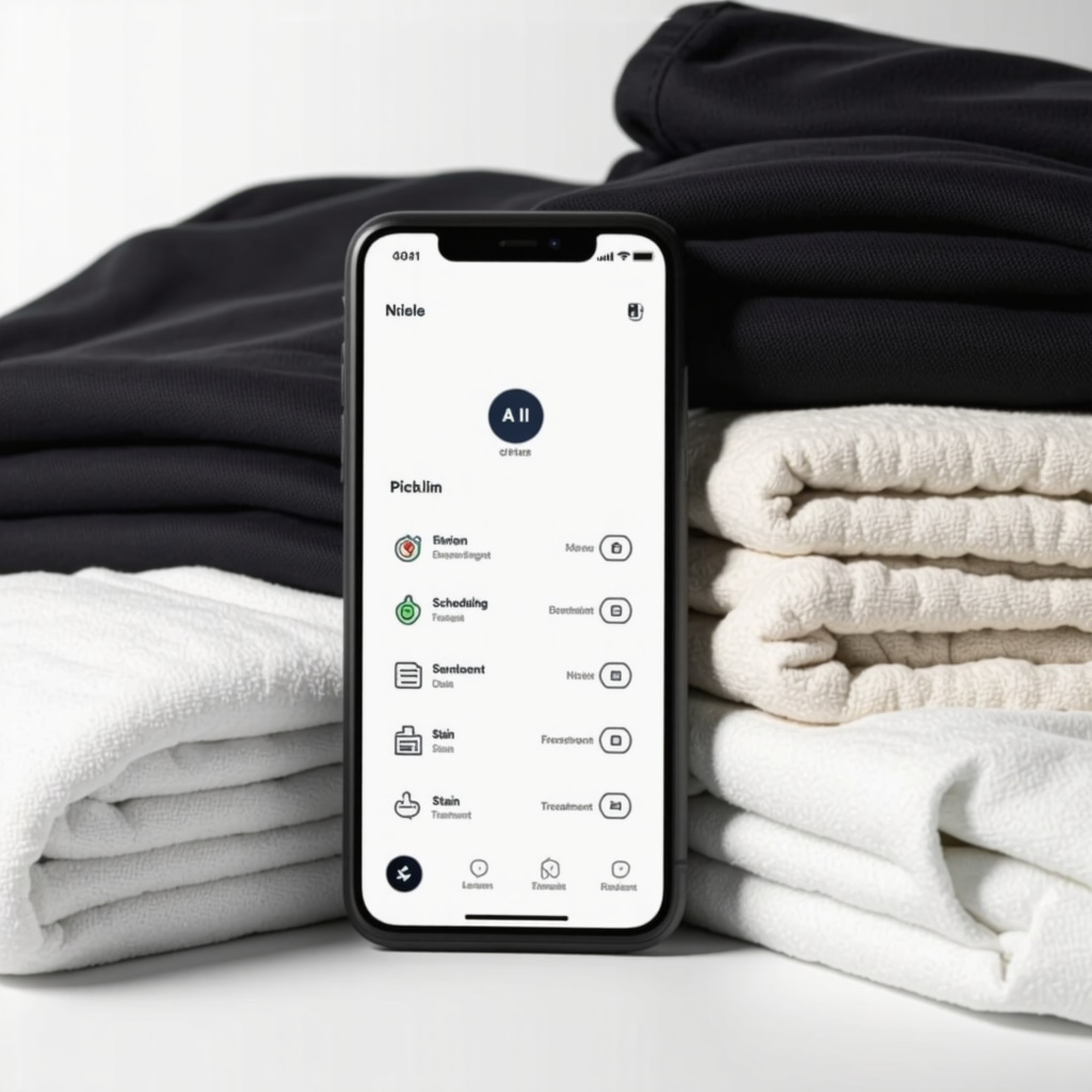 Smartphone displaying laundry pickup app with AI scheduling, eco-friendly detergent selection, and stain treatment status icons, alongside fresh folded laundry