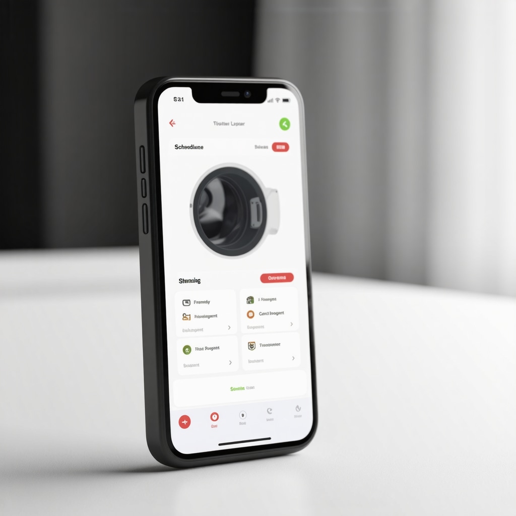 Smartphone displaying laundry pickup scheduling app with eco-friendly and pricing options