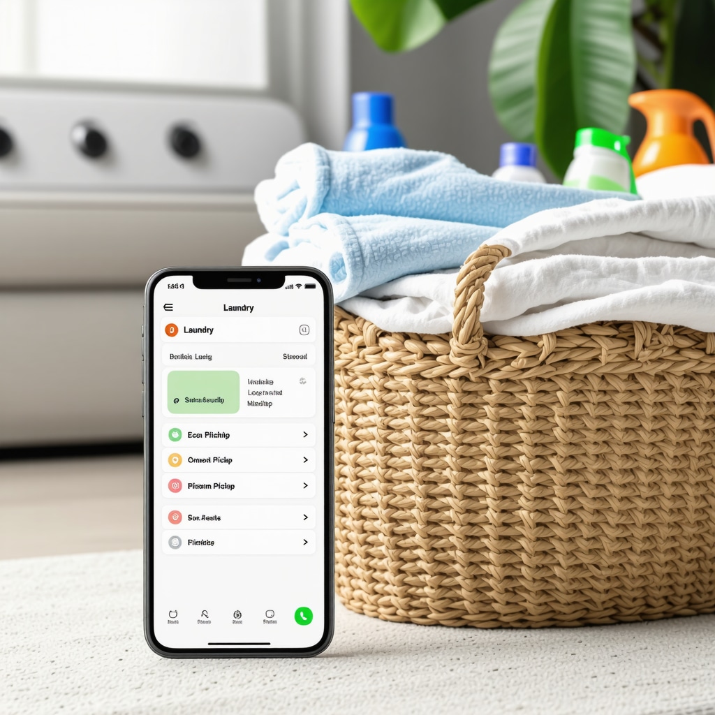 Smartphone displaying laundry pickup app with folded clothes and eco-friendly detergents in a family home