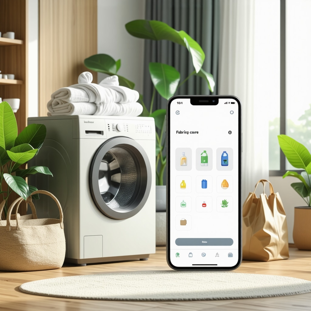Mobile app for smart laundry pickup with eco-friendly detergent and reusable bags in a modern family setting