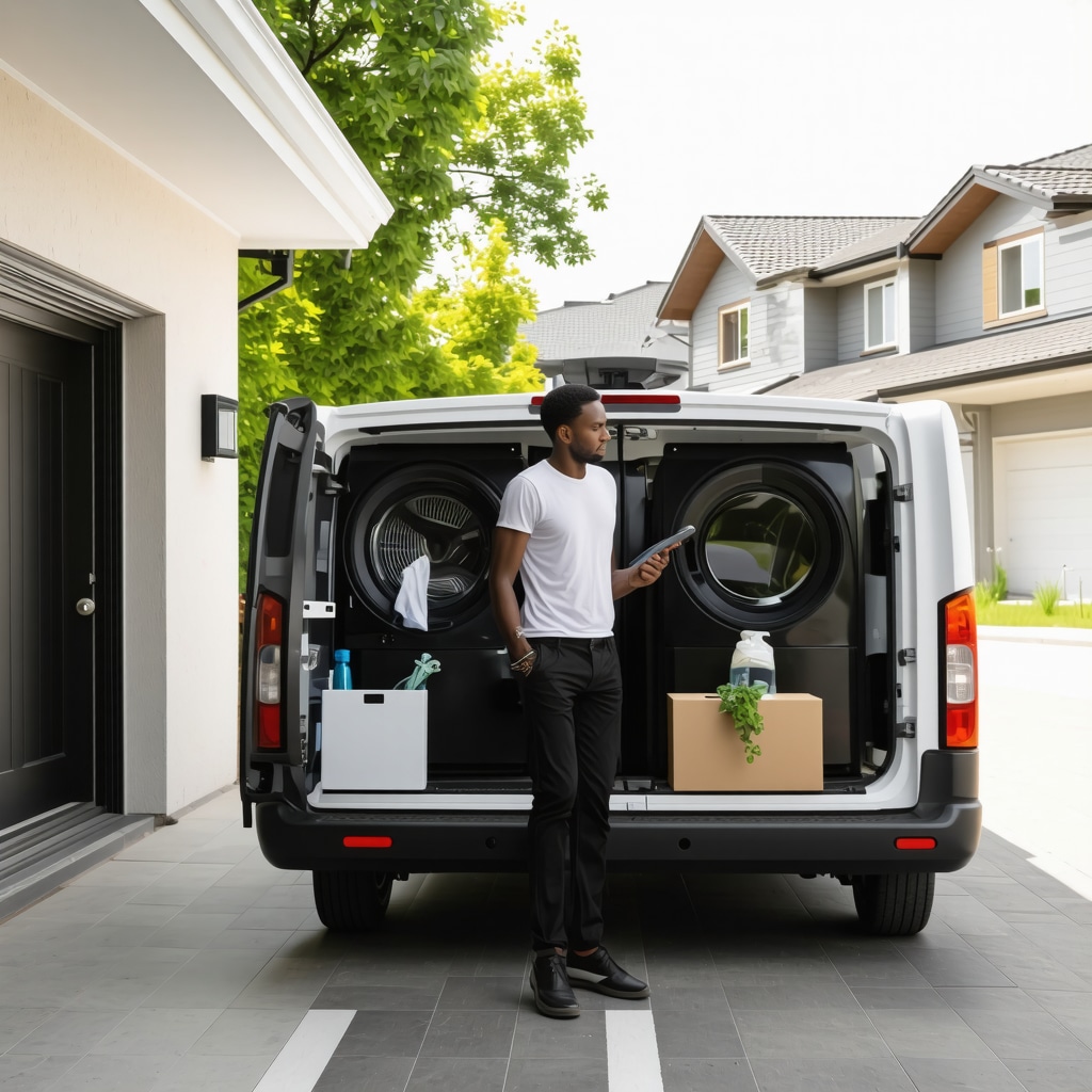 Smart laundry pickup service integrating IoT devices and eco-friendly delivery van in a residential neighborhood