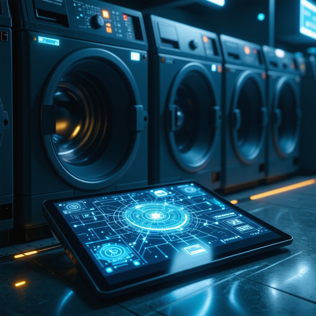 Diagram of IoT-enabled smart laundry bins connected to blockchain interface on a tablet in a city setting