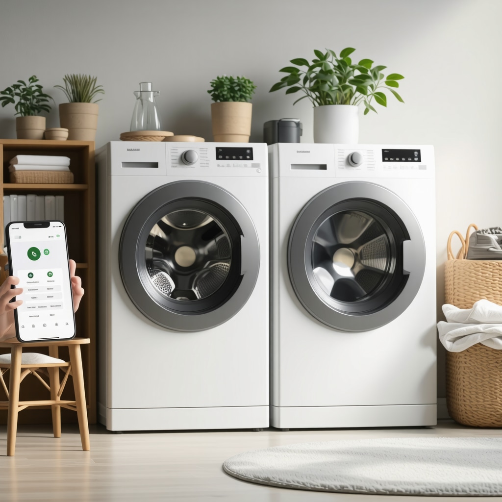 Illustration of smart home IoT laundry appliances connected to AI laundry pickup services with eco-friendly delivery trucks