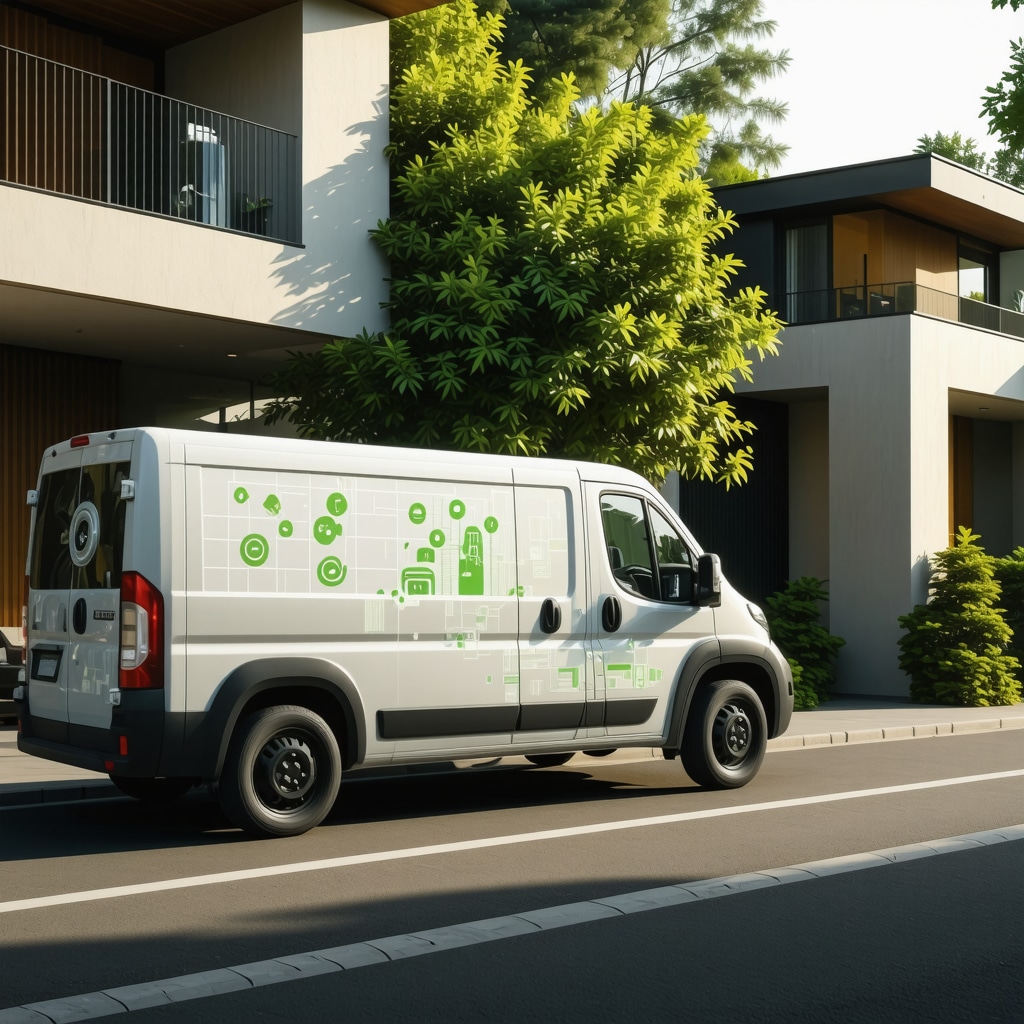 Delivery van with digital route display and eco-friendly icons outside an urban home