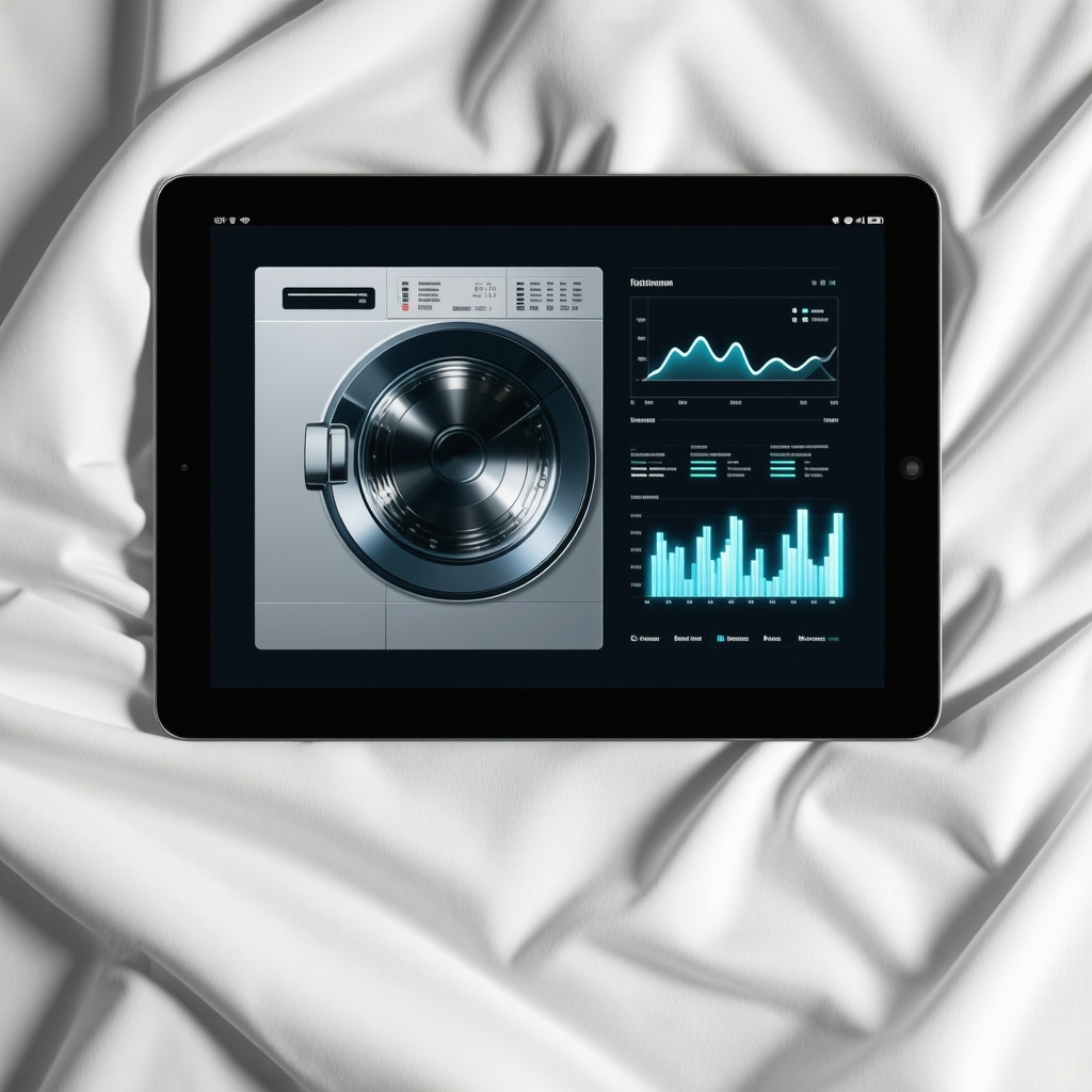Illustration of smart textiles embedded with sensors connected to AI analytics for laundry service optimization