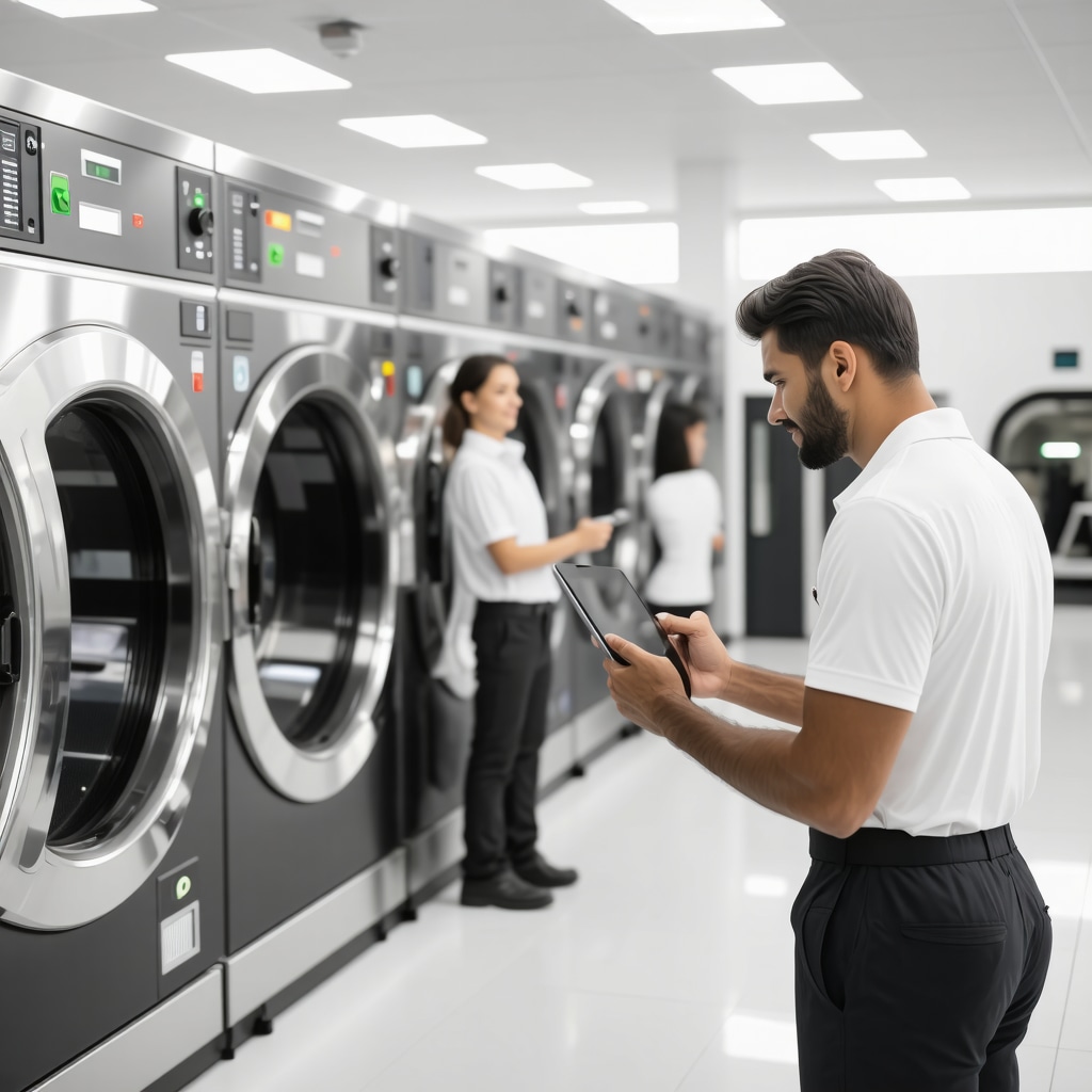 A modern commercial laundry facility in Tampa showcasing IoT smart bins and digital scheduling tools