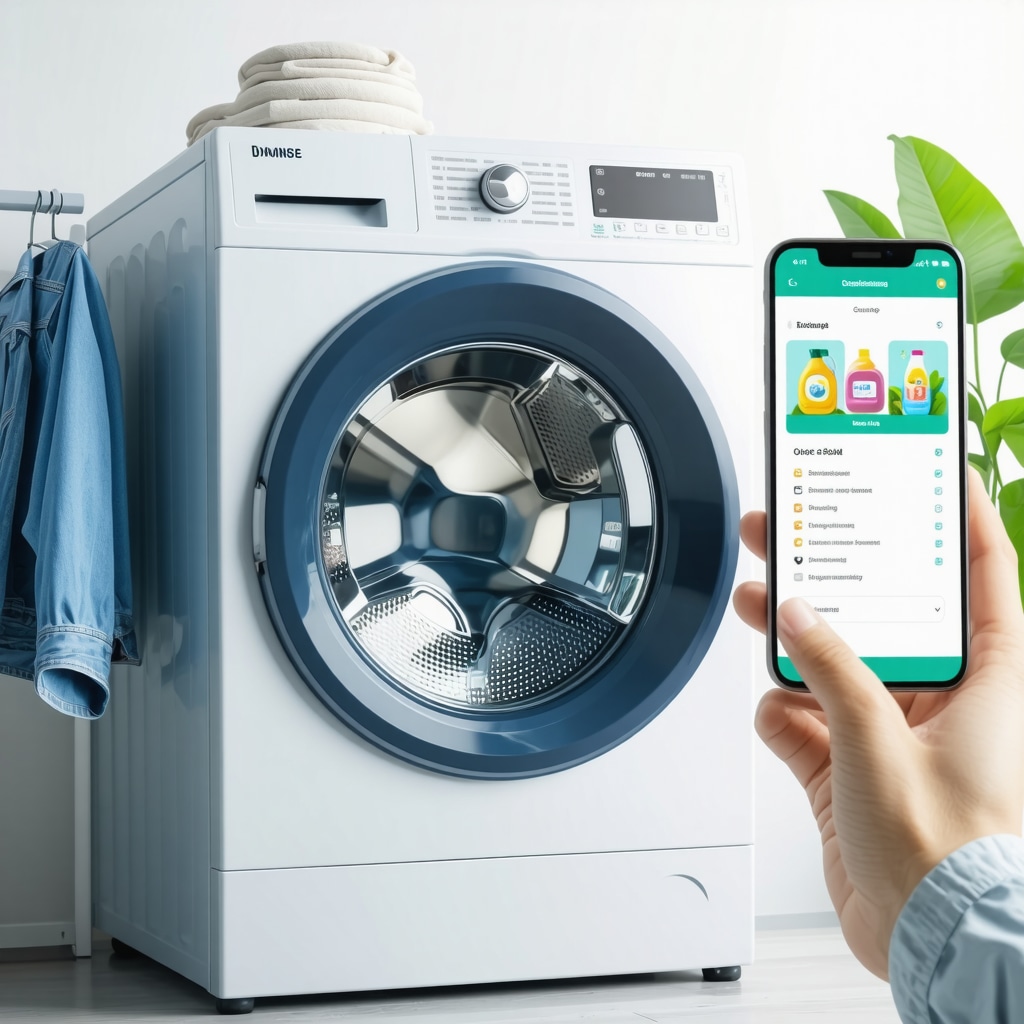 Smart washing machine connected to mobile app with AI scheduling and eco-friendly detergent options for large family laundry