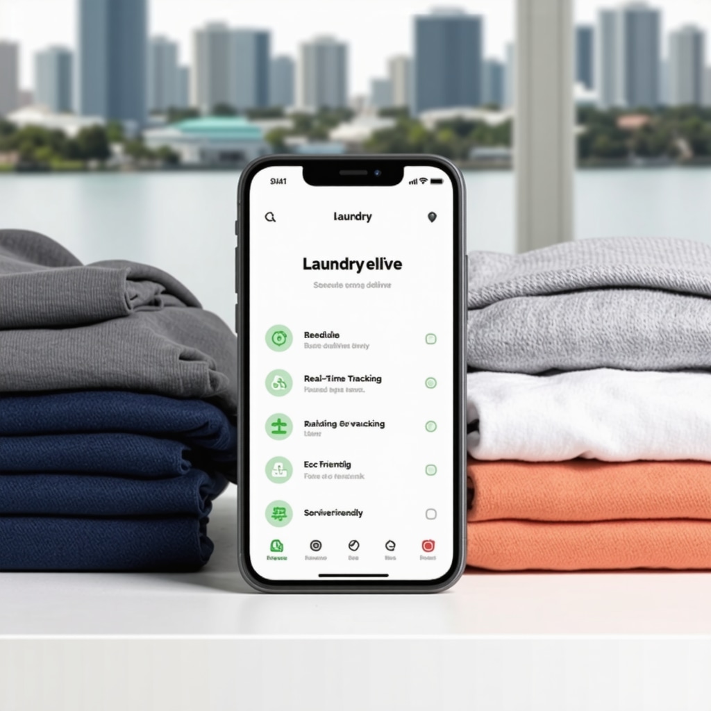 Smartphone showing laundry delivery app with scheduling and eco-friendly options, professional clothes and Tampa Bay skyline in background
