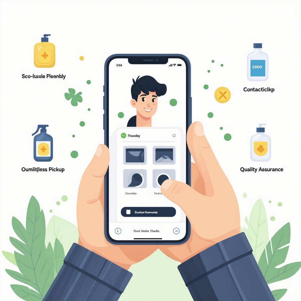Illustration of a student managing laundry pickup service via smartphone app highlighting scheduling, eco detergents, contactless pickup, and quality assurance