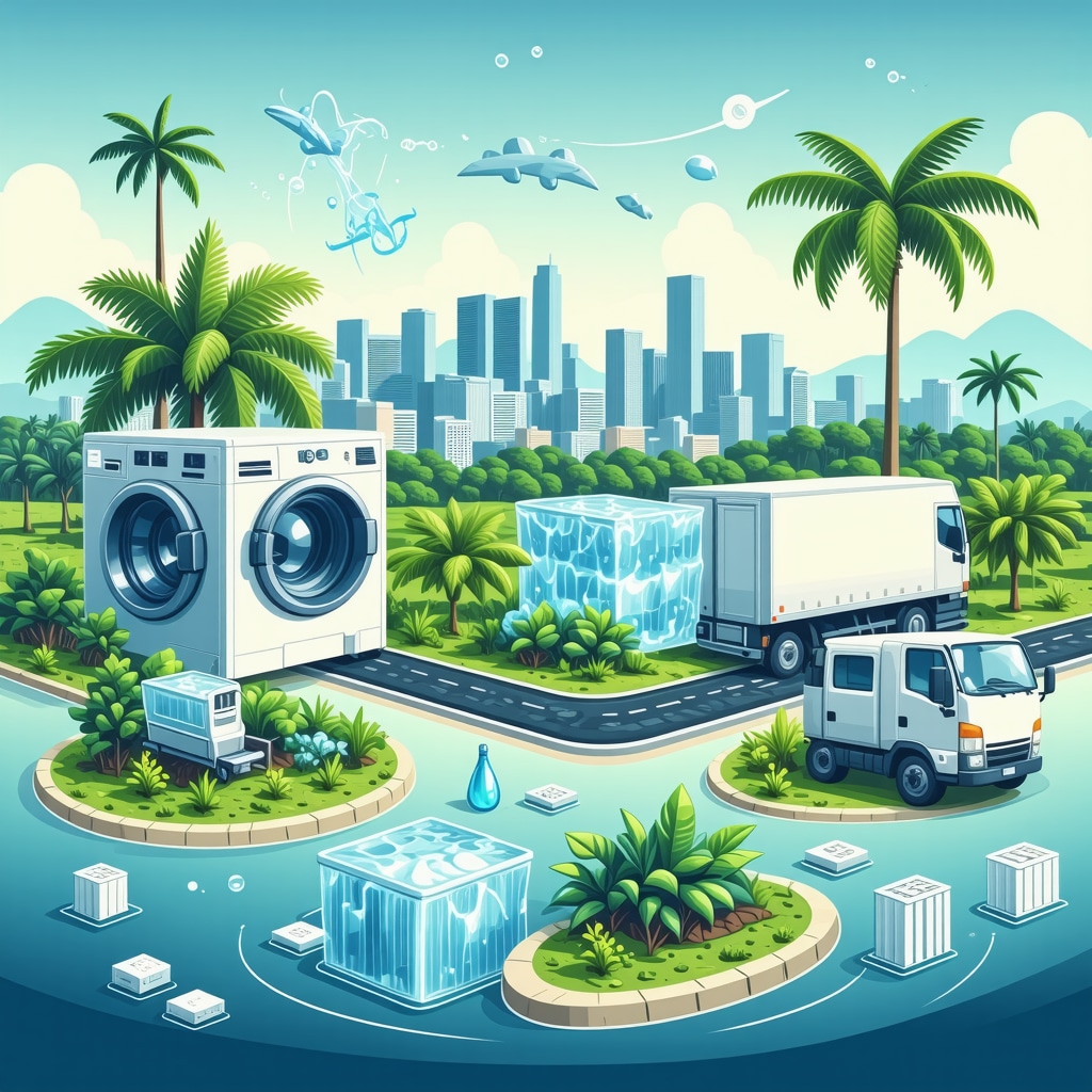 Infographic illustrating water recycling, ozone laundry, electric vehicles, and AI route optimization in Tampa Bay laundry services