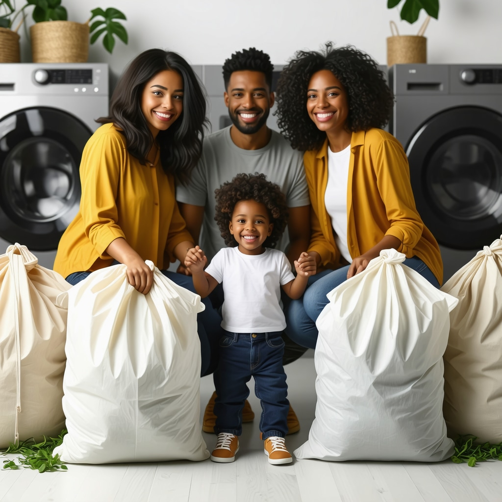 Diverse family in Tampa using a smart laundry pickup app with eco-friendly laundry bags and modern washers