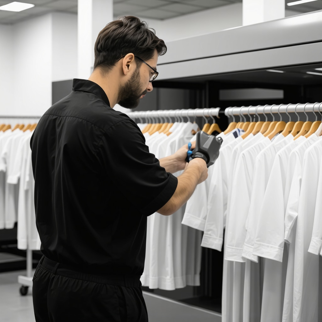 Technician employing AI fabric recognition technology for ironing in humidity-controlled Tampa facility
