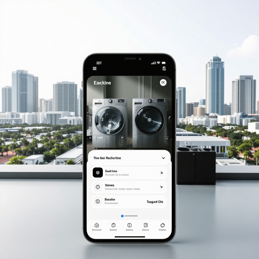 Mobile app interface displaying folded laundry delivery tracking with eco-friendly icons and Tampa city skyline