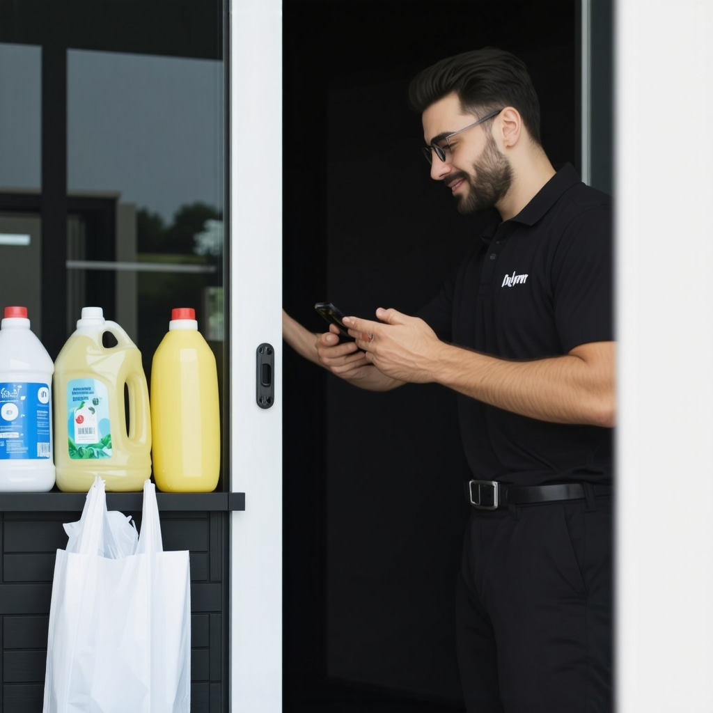 Technician scheduling laundry pickup at doorstep with eco-friendly detergents and reusable bags