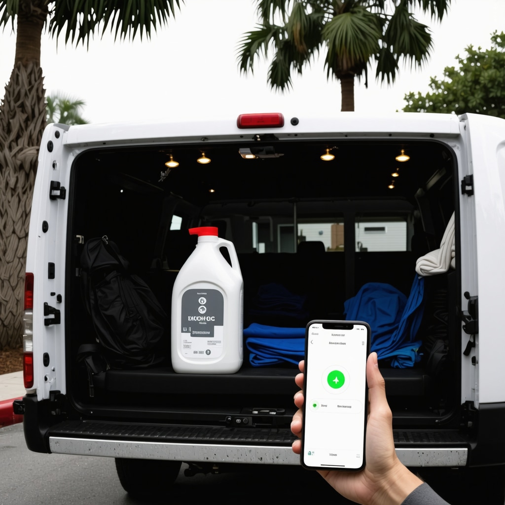 Laundry pickup van with eco-friendly detergent and smartphone app showing real-time tracking