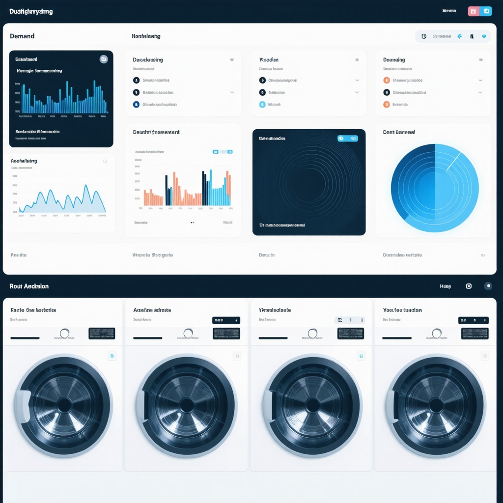 A detailed AI analytics dashboard displaying demand patterns and optimized routes for laundry delivery