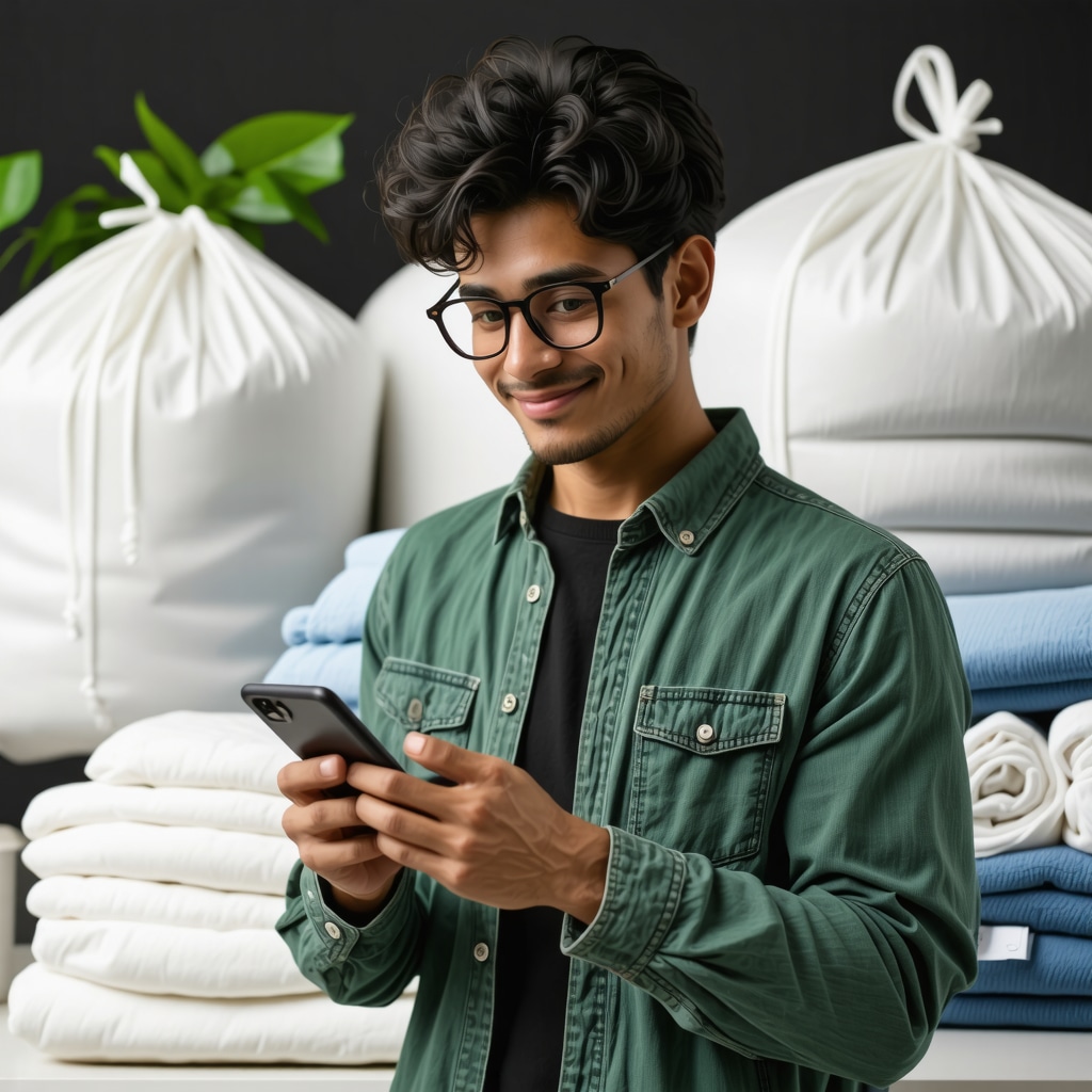 Student using laundry pickup app with eco-friendly bags and folded clothes