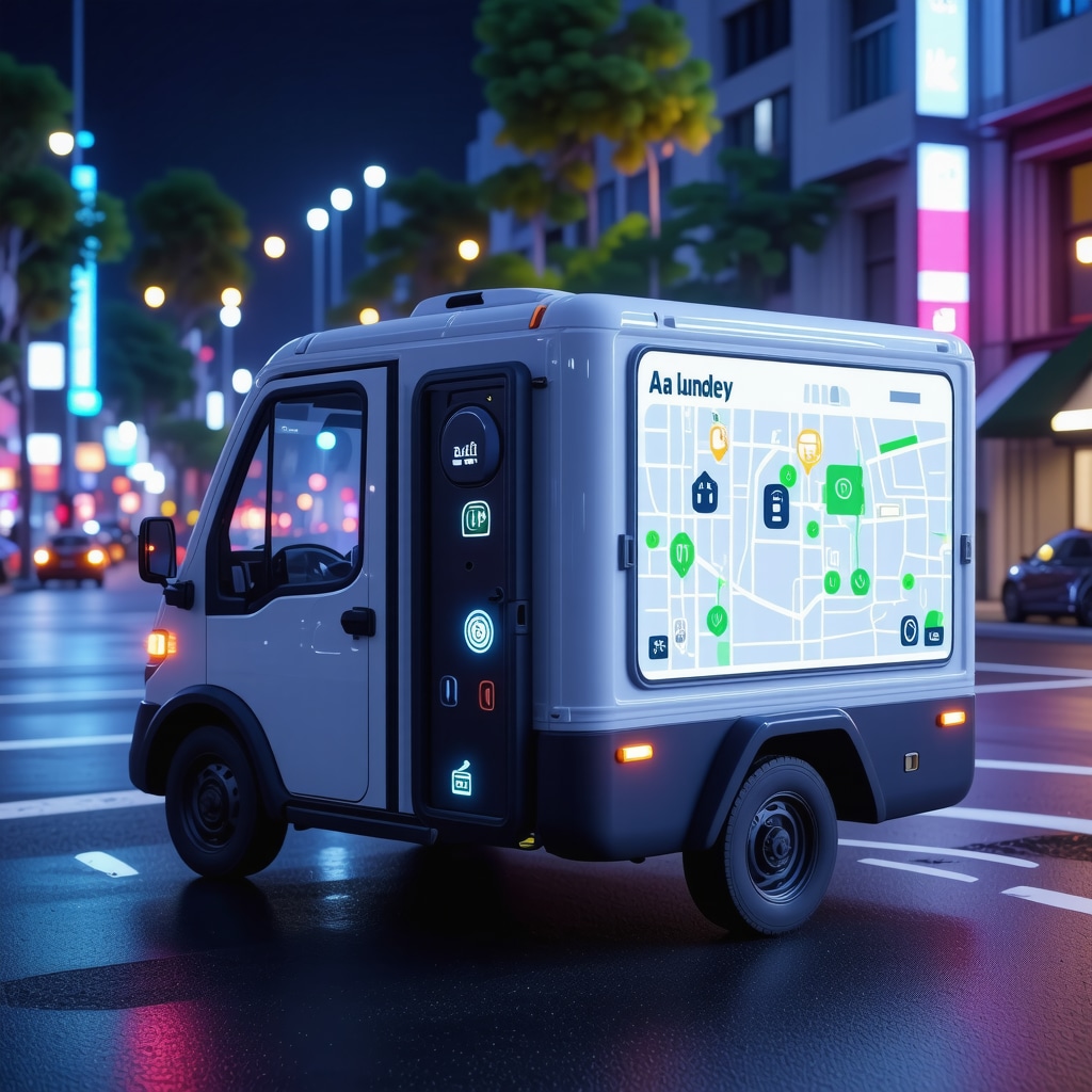 Delivery vehicle with smart locks and eco-friendly logos operating after hours in a city with a digital route map overlay