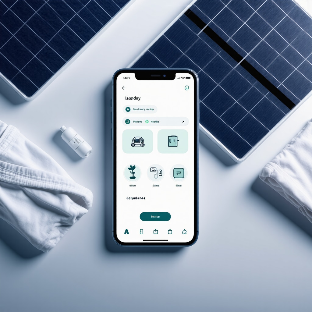 Smartphone with AI laundry pickup app, eco-friendly laundry facility with solar panels and folded clothes