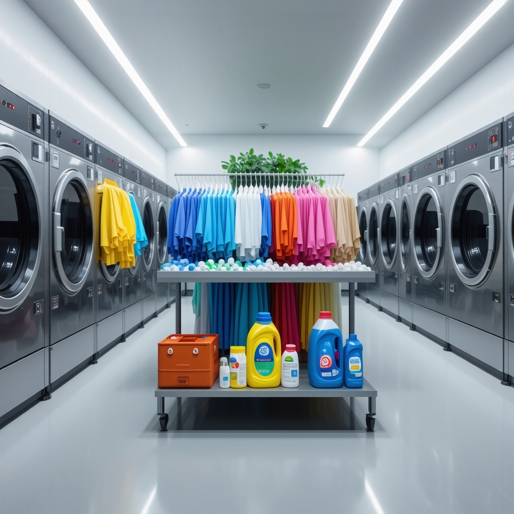 Hyperspectral imaging AI machines sorting colorful laundry with eco-friendly packaging in a modern laundry facility