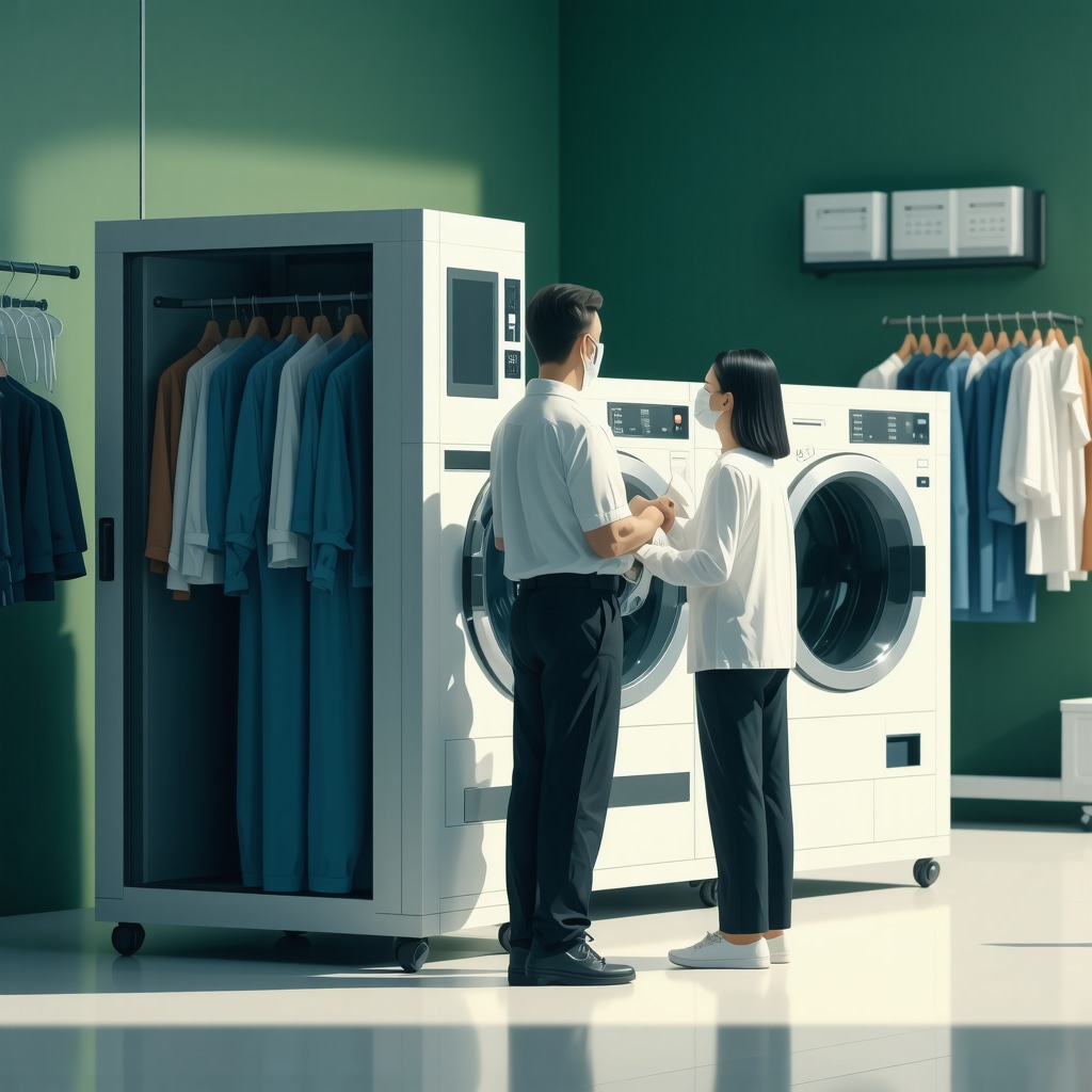 Illustration showing AI-driven laundry pickup service integrating eco-friendly packaging and specialized sterilization for healthcare uniforms