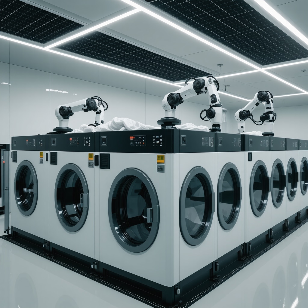 Modern laundry facility featuring AI machines and robotic sorting with solar panels indicating eco-friendly operations