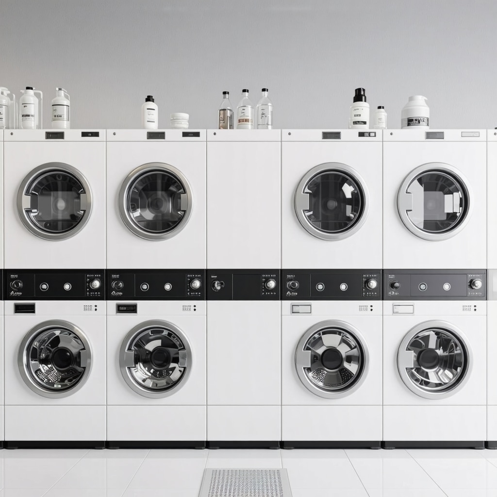 High-tech laundry machines and eco-friendly detergent bottles demonstrating sustainable wedding fabric cleaning