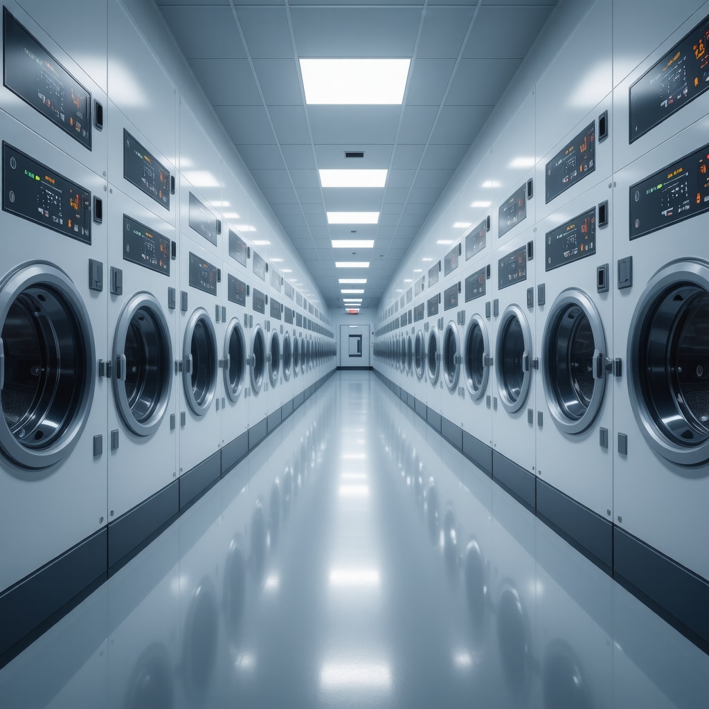 Futuristic hospital laundry facility with AI robotics and blockchain data visualization