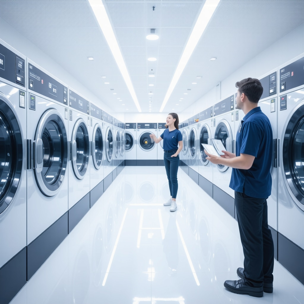 AI-powered laundry machines with IoT monitoring and digital interfaces in a family laundry service facility