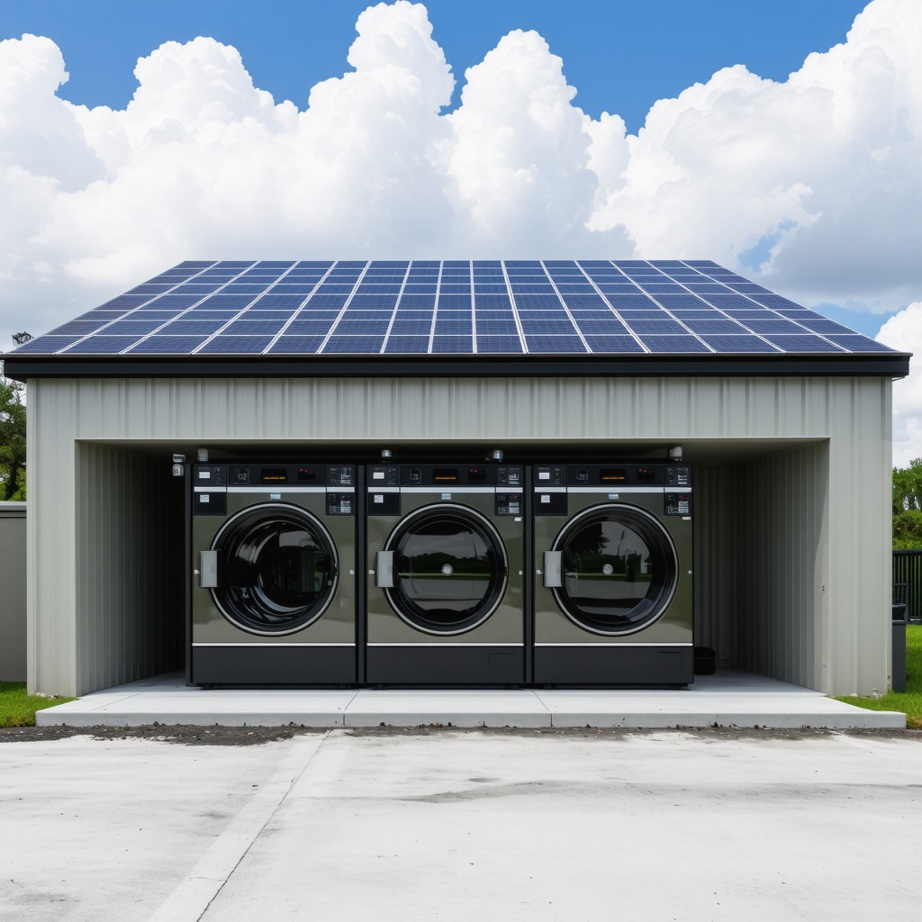 Futuristic Tampa laundry facility with sustainable technology and eco-friendly machinery