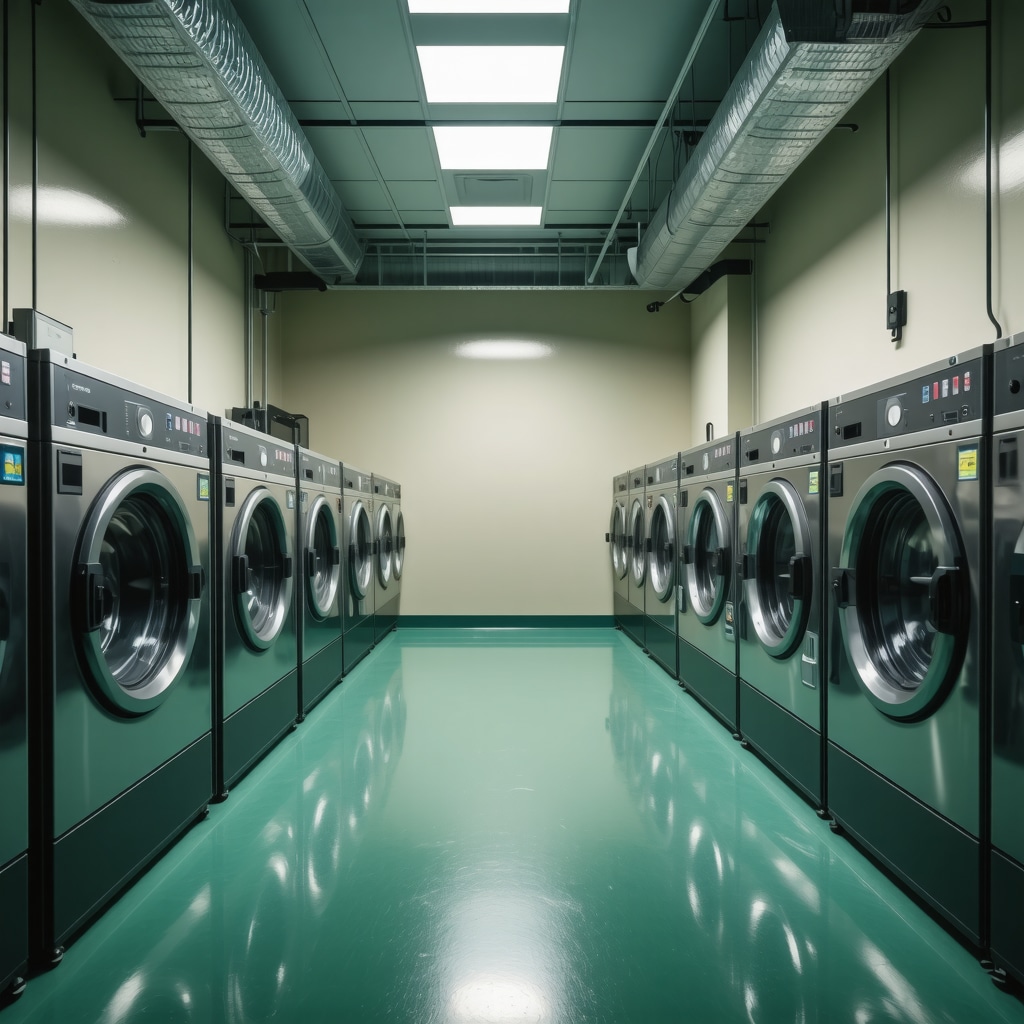 Modern laundry facility utilizing ozone and ultrasonic cleaning methods, eco-friendly environment