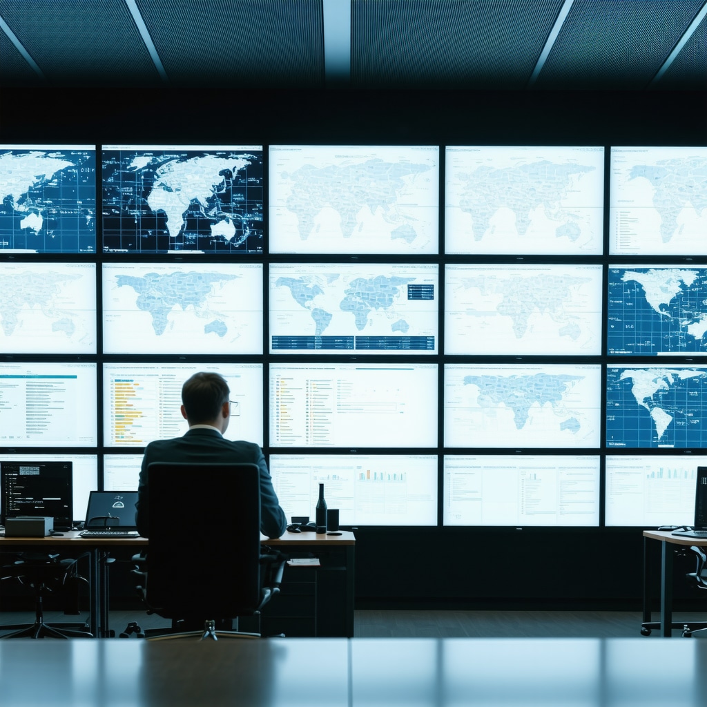 A modern logistics control center with screens displaying real-time delivery data for laundry services