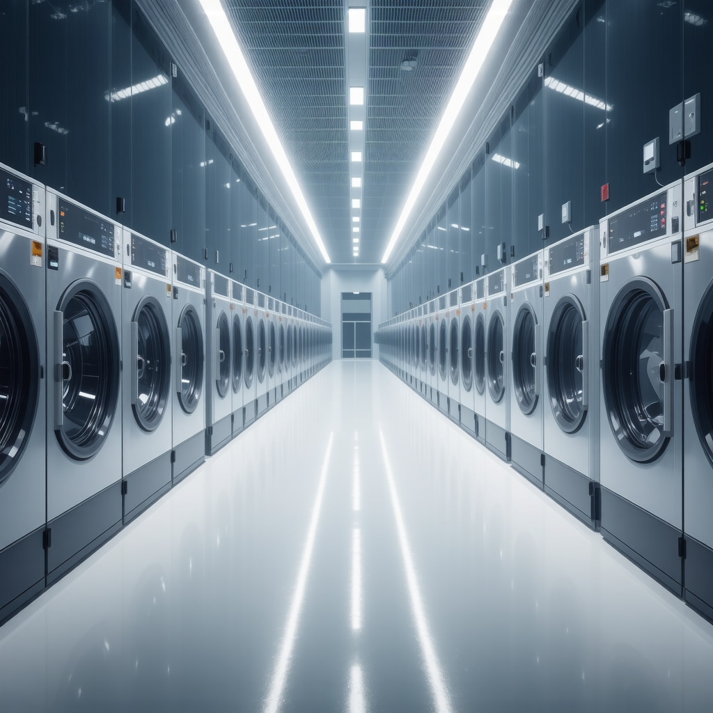 High-tech laundry facility with AI fabric scanners, IoT garment sensors, and water recycling units