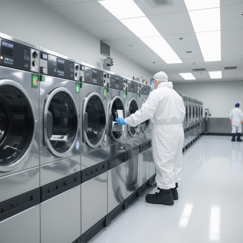 Laundry facility with UV sterilization and contactless payment systems
