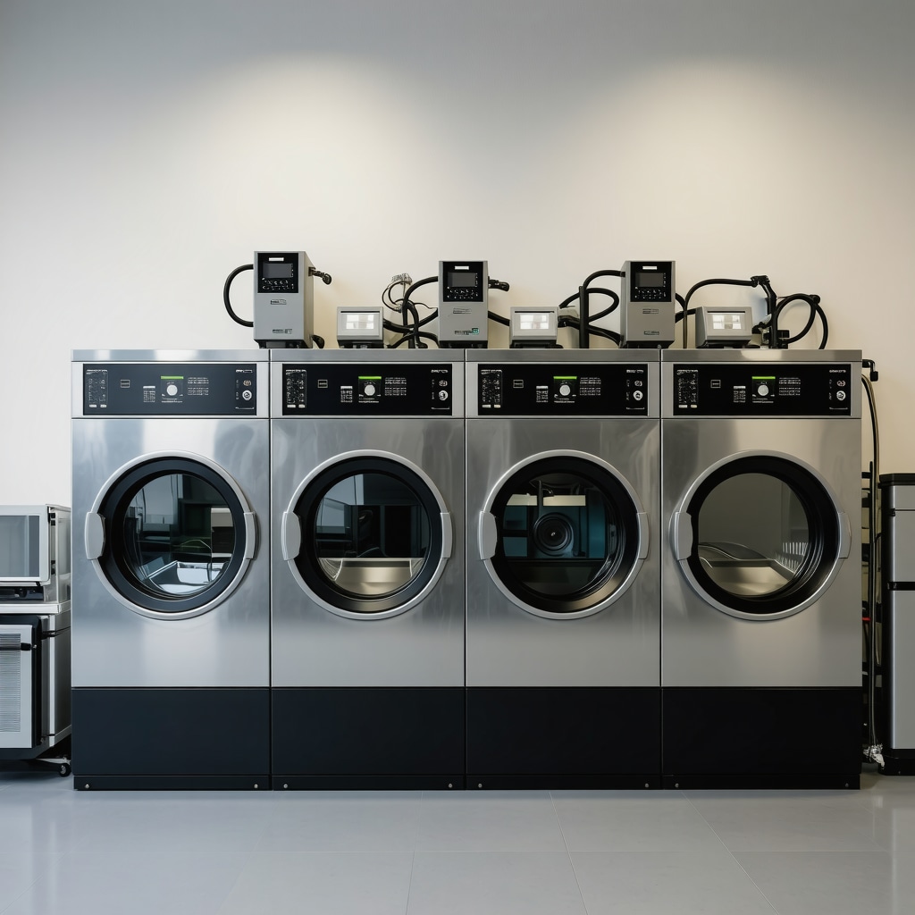 A high-tech laundry facility showcasing water recycling tanks and eco-friendly equipment.