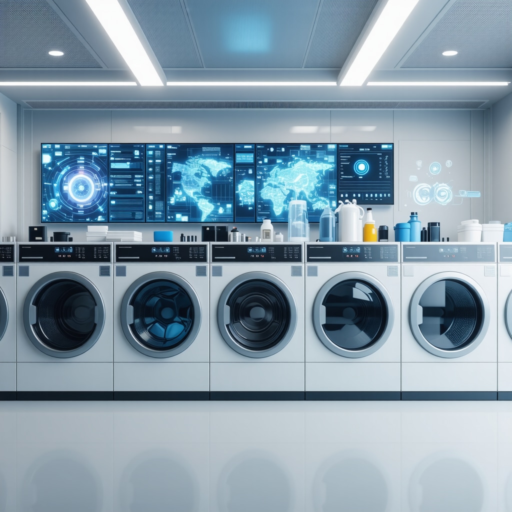 High-tech laundry facility with AI and genomic data screens for sanitation control