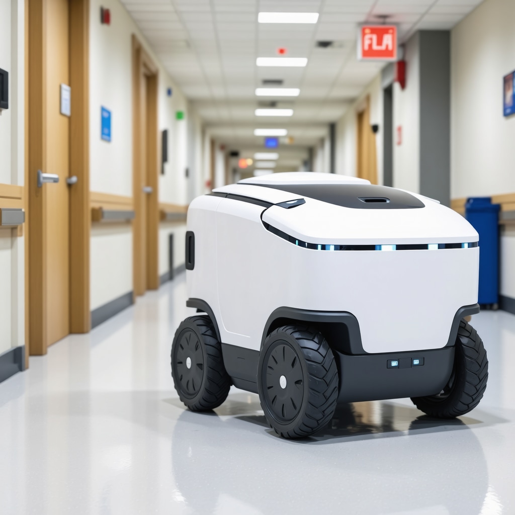 Robots transporting linens in a hospital corridor