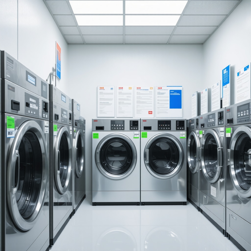 A modern laundry facility showcasing eco-certifications and scientific research documents.