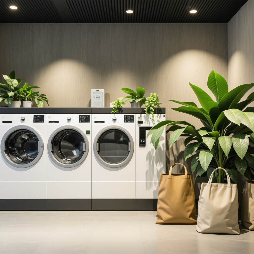 Eco-friendly laundry facility with contactless pickup, green detergents, and reusable packaging.