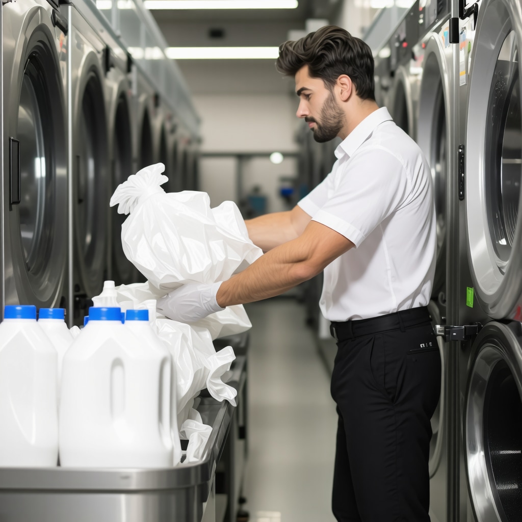 Laundry technician using eco-friendly detergents in a clean, modern facility