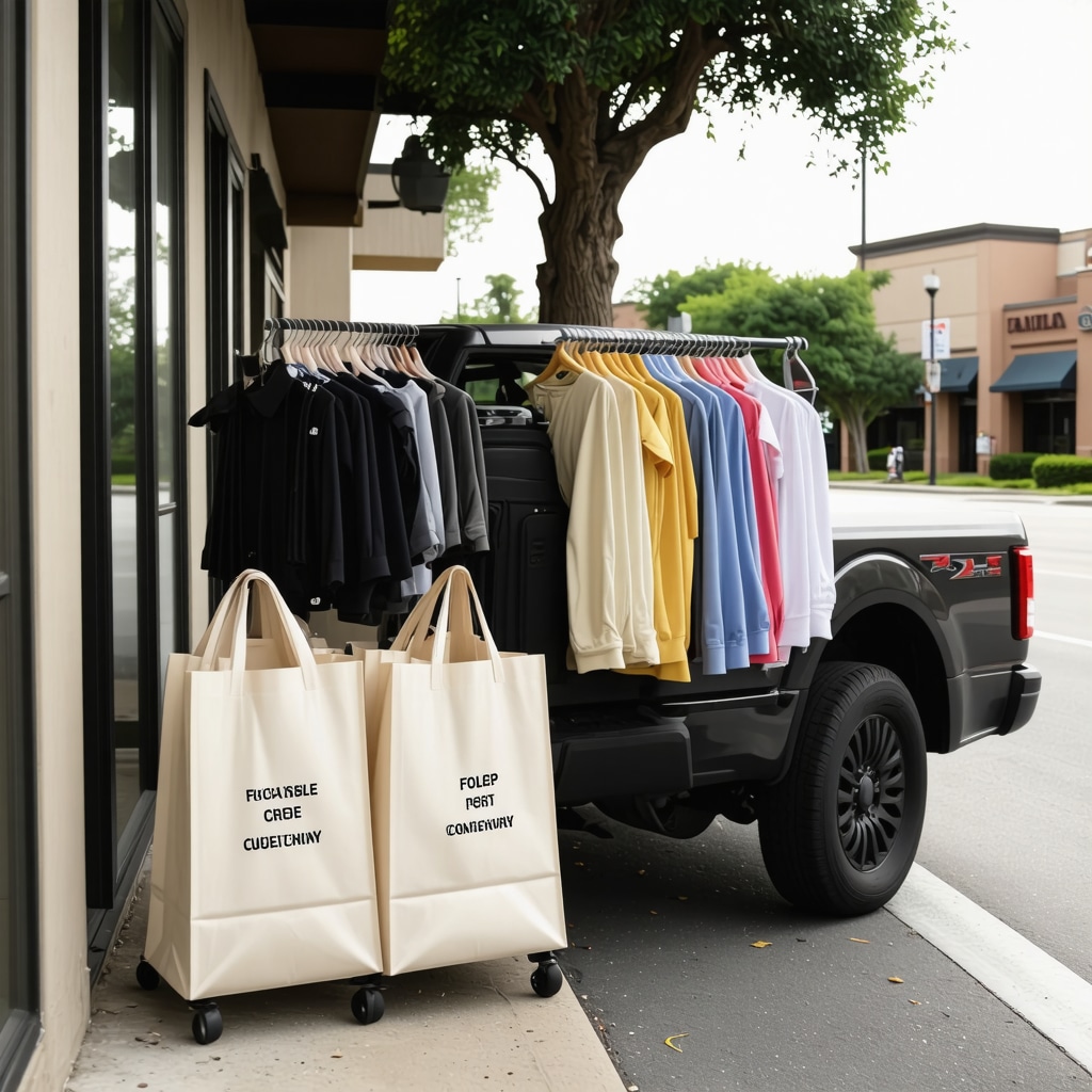 Illustration of a contactless, eco-friendly dry cleaning service in Tampa with reusable bags and safety measures