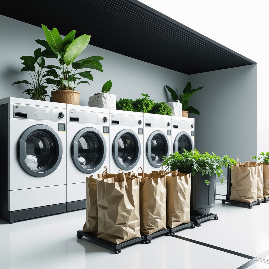 Eco-friendly laundry facility demonstrating solar-powered machines and biodegradable garment bags for sustainable family laundry pickup