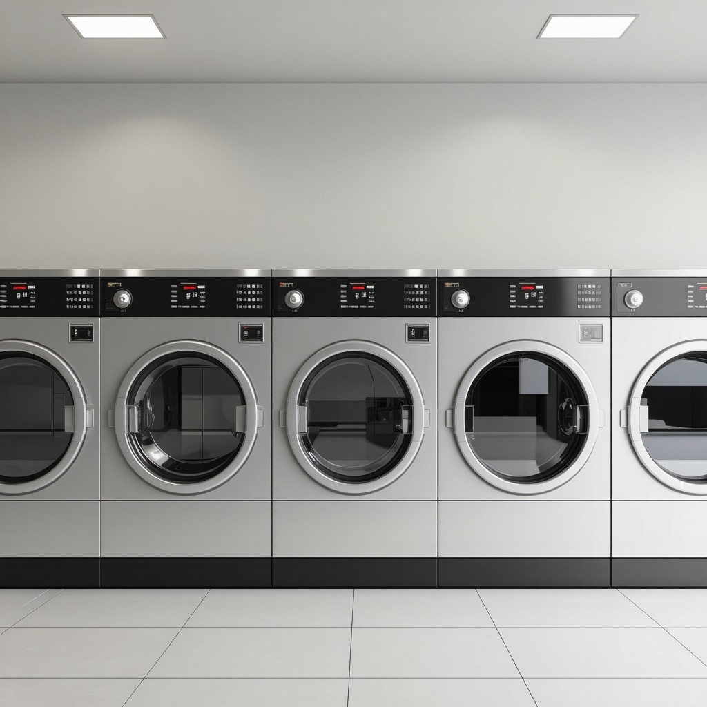 A modern laundry facility showcasing eco-friendly equipment and insured service branding